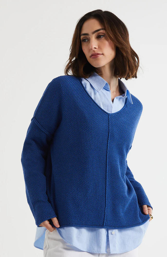 Birdseye V Neck Jumper - Chambray