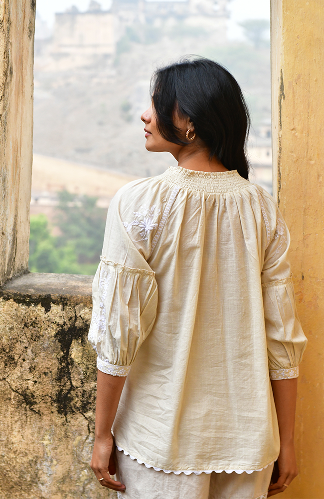 Cote d'Azure Top - Oat/White