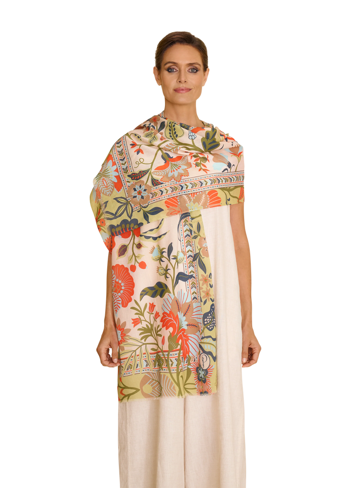 Folky Floral Cotton Scarf - Coconut