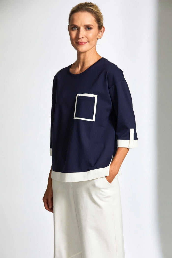 Contrast Panel Top - Navy/Ecru