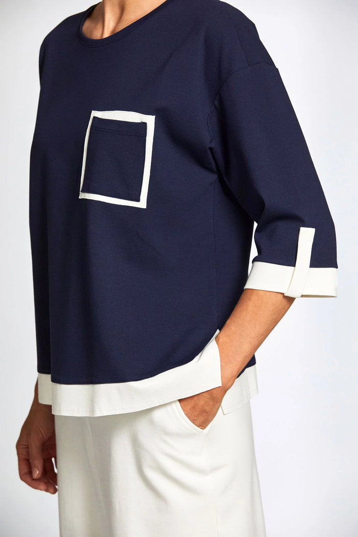 Contrast Panel Top - Navy/Ecru