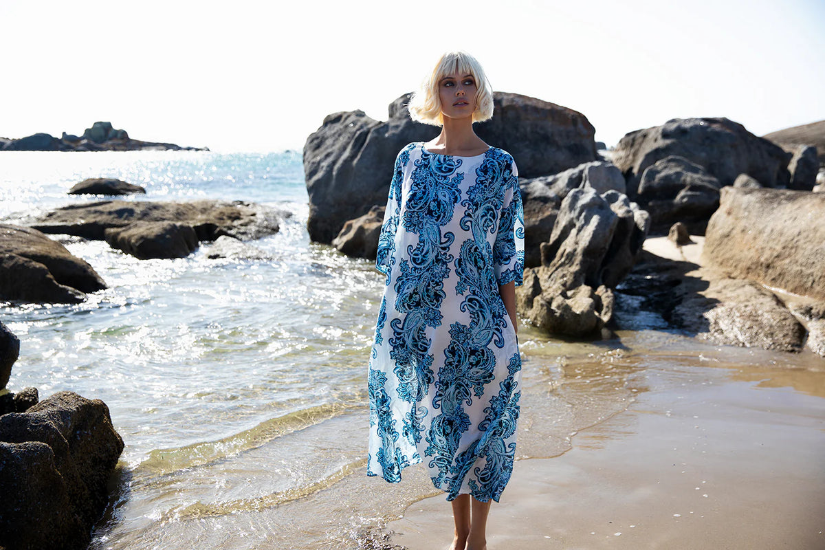 Jackie Print Dress-Taormina/Sushi Voile - White/Blue