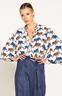Queen of the Jungle Oversized Shirt - Blue/Brown Tiger Print