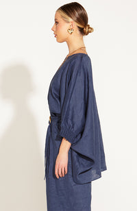A Walk in the Park Linen Oversized Batwing Top - Navy