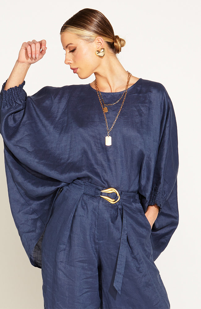 A Walk in the Park Linen Oversized Batwing Top - Navy