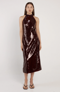 Juliette Sequin Halter Dress - Maroon Red
