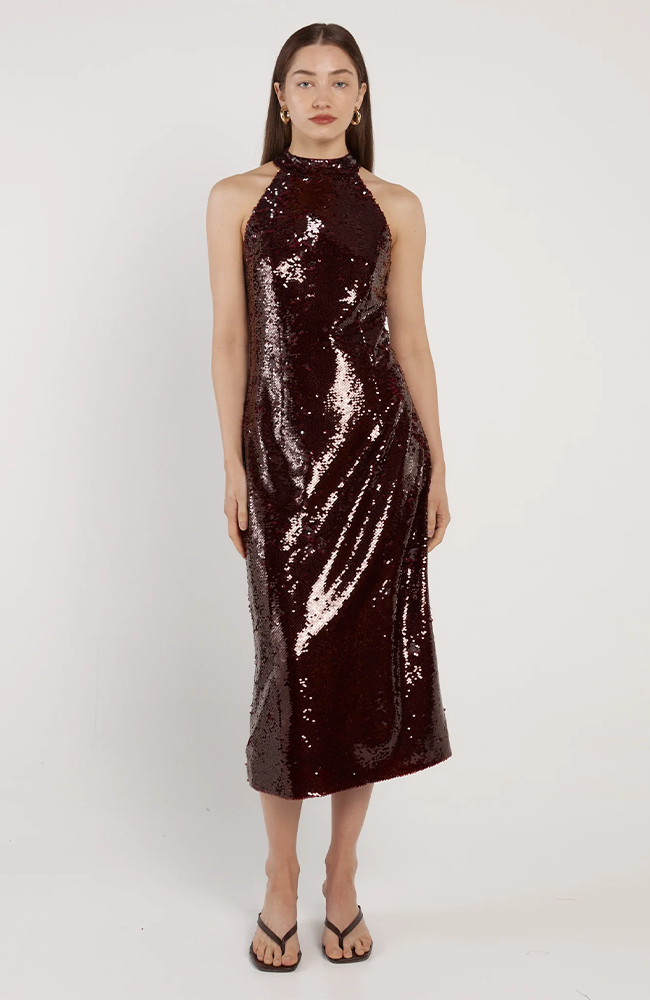 Juliette Sequin Halter Dress - Maroon Red