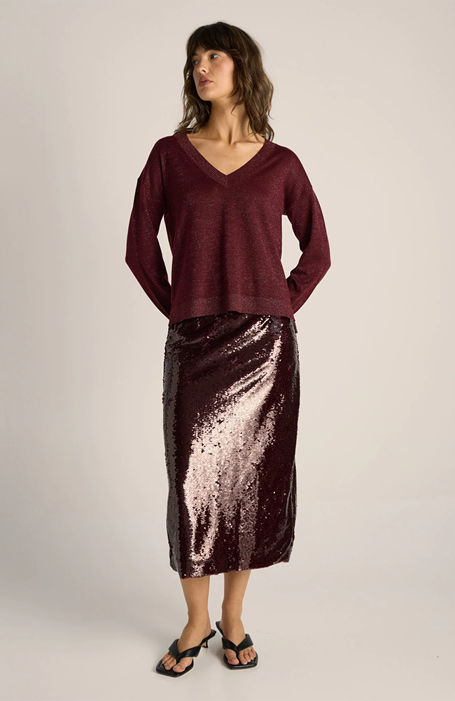 Oriane Sparkle V-Neck Knit - Burgundy Red
