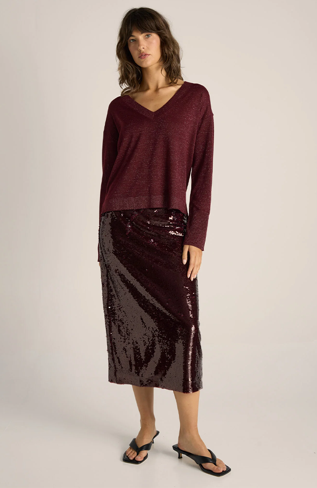 Oriane Sparkle V-Neck Knit - Burgundy Red
