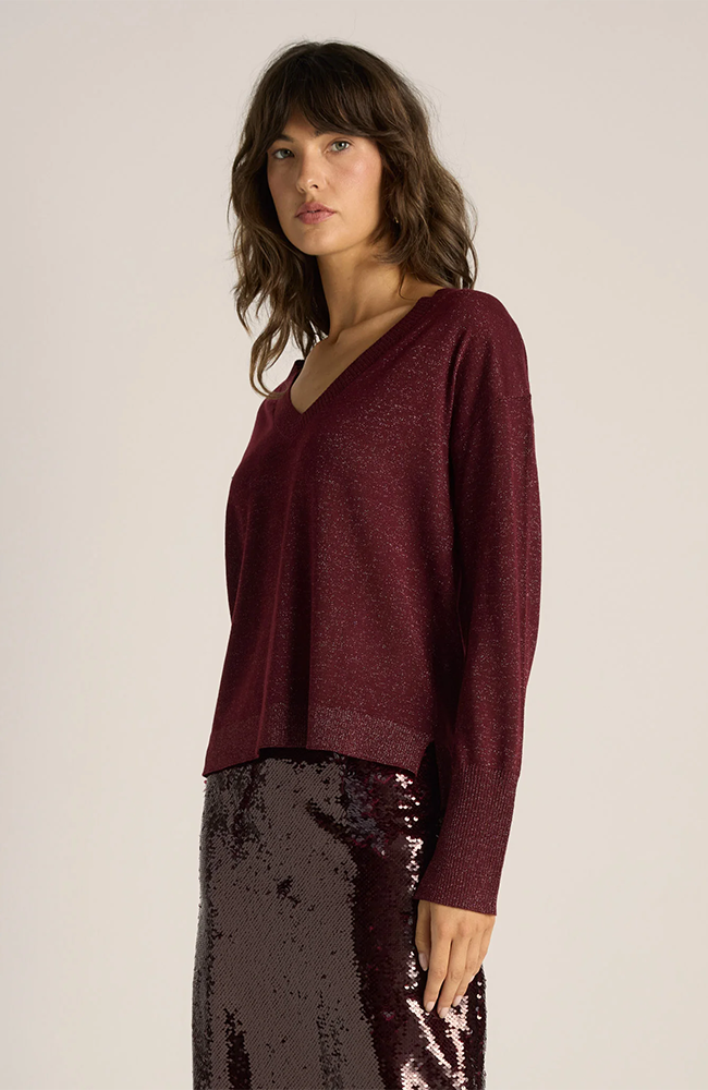 Oriane Sparkle V-Neck Knit - Burgundy Red