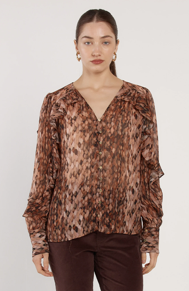 Odette Ruffle Blouse - Snake Print/Brown