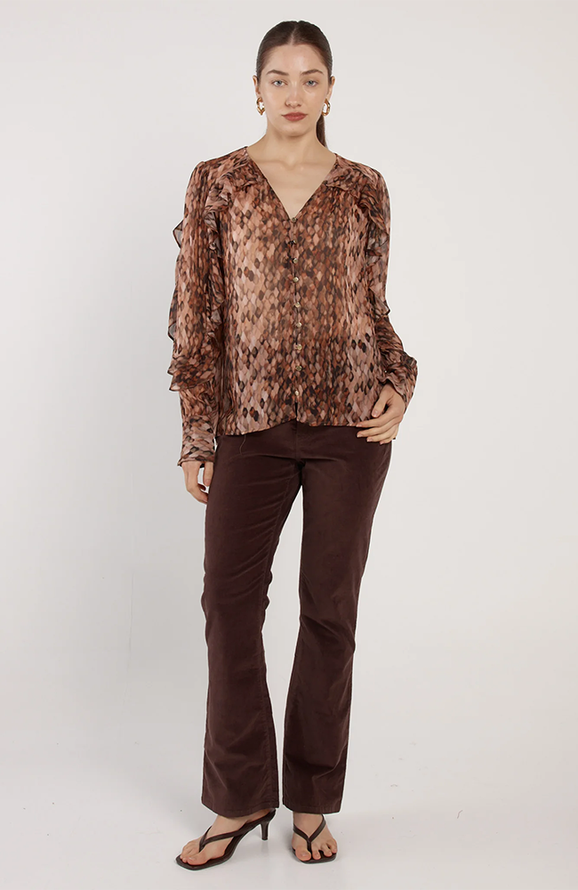 Odette Ruffle Blouse - Snake Print/Brown