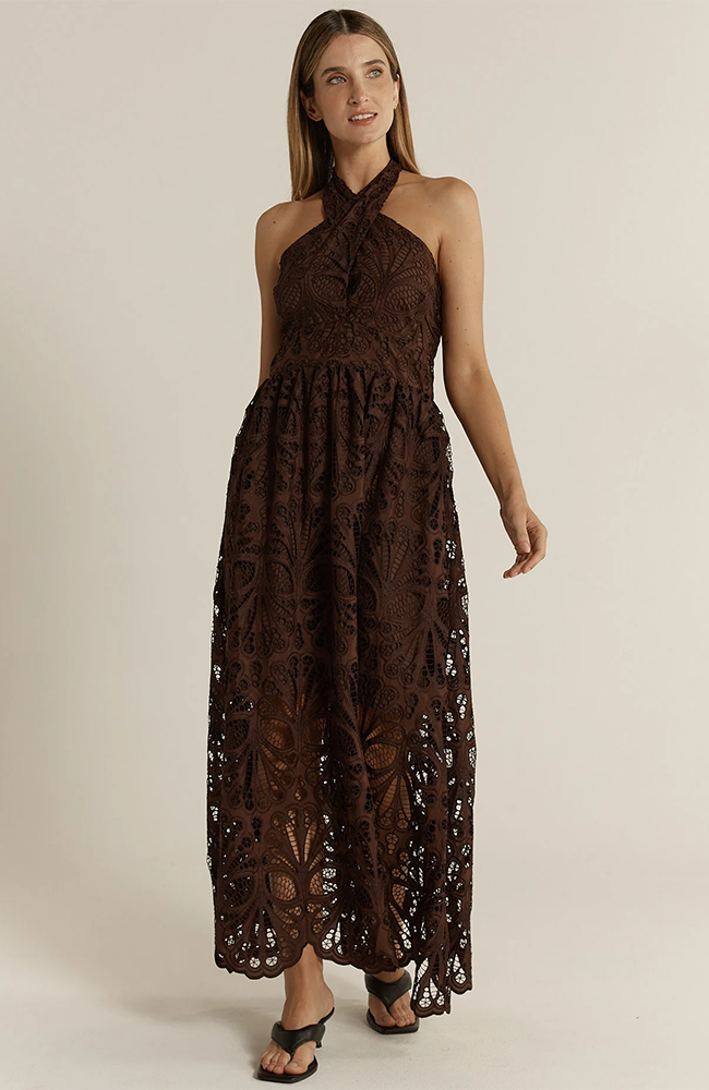 Elara Broderie Dress – Chocolate