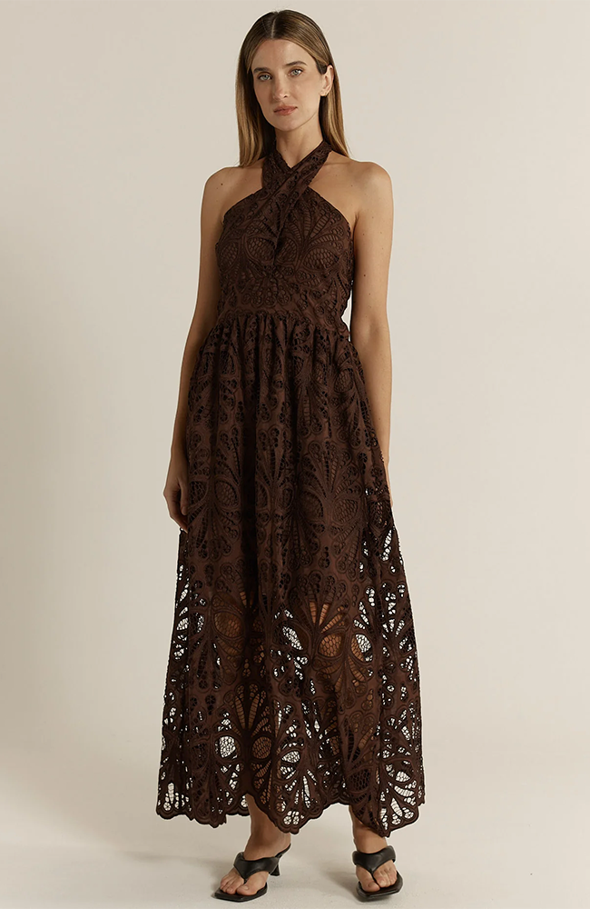 Elara Broderie Dress – Chocolate