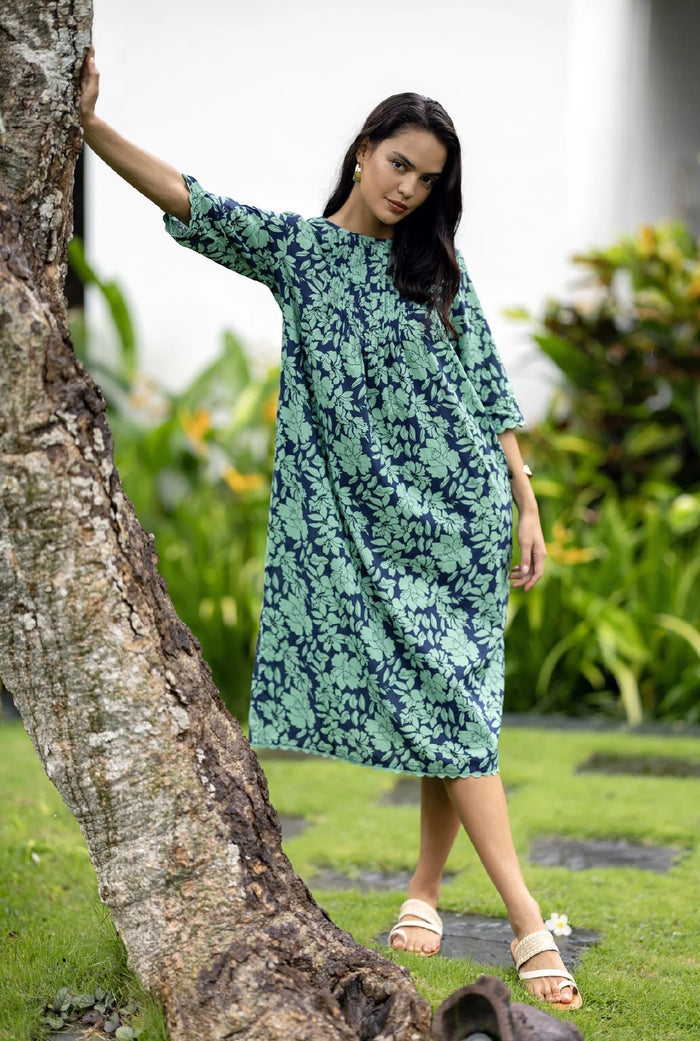 Fleur Smock Dress- Mint/Navy