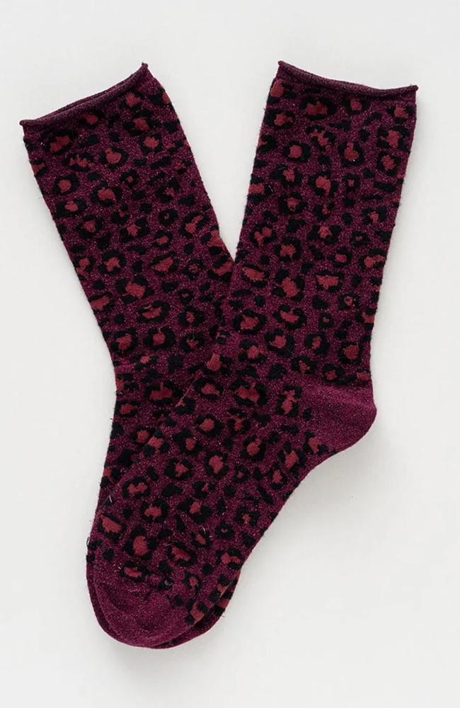 Glitter Lurex Socks - Leopard Burgundy