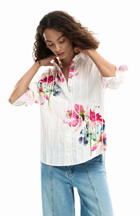 Pleated Long-Sleeve Floral Shirt - Blanco