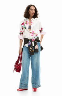 Pleated Long-Sleeve Floral Shirt - Blanco