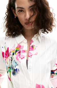 Pleated Long-Sleeve Floral Shirt - Blanco