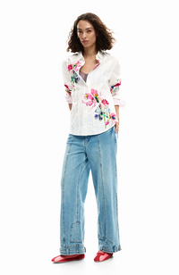 Pleated Long-Sleeve Floral Shirt - Blanco