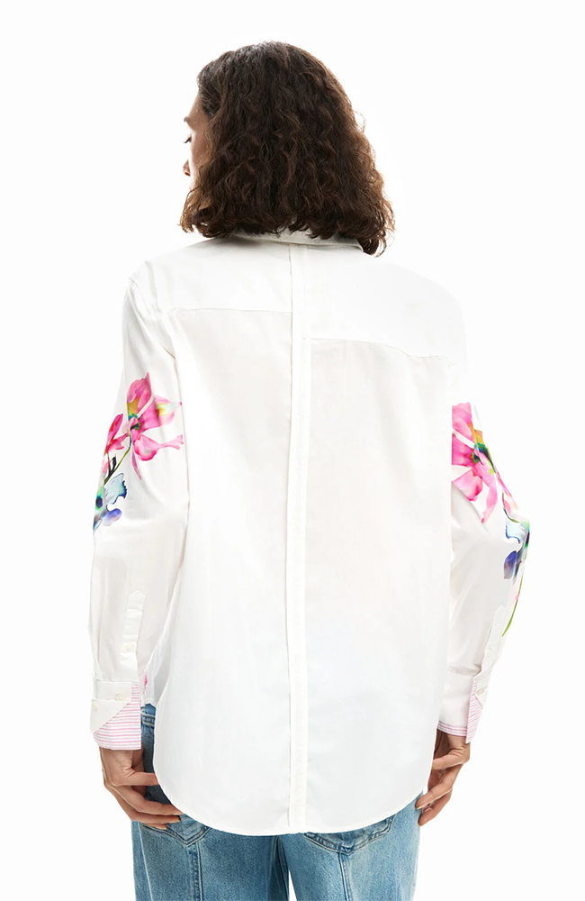 Pleated Long-Sleeve Floral Shirt - Blanco