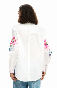 Pleated Long-Sleeve Floral Shirt - Blanco