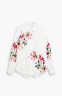 Pleated Long-Sleeve Floral Shirt - Blanco