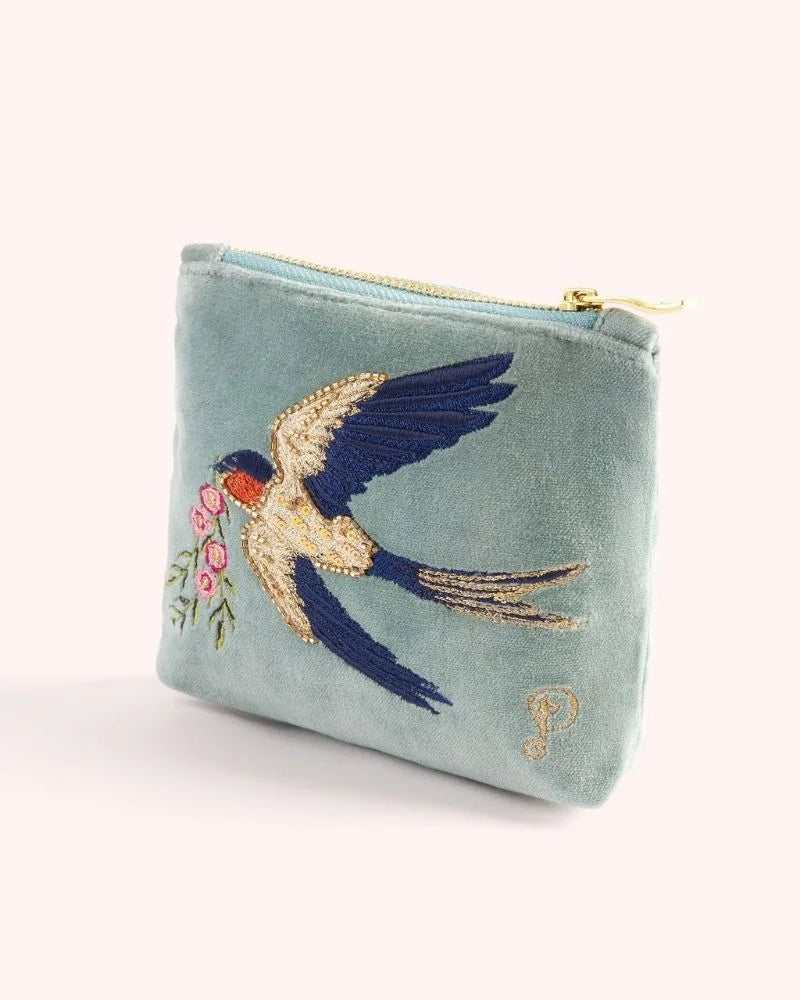 Velvet Zip Mini Pouch - Swooping Swallows