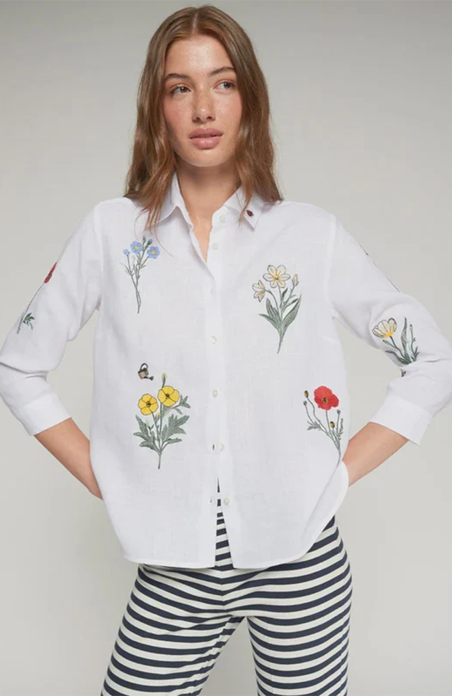 Sara Linen Embroidered Shirt - White