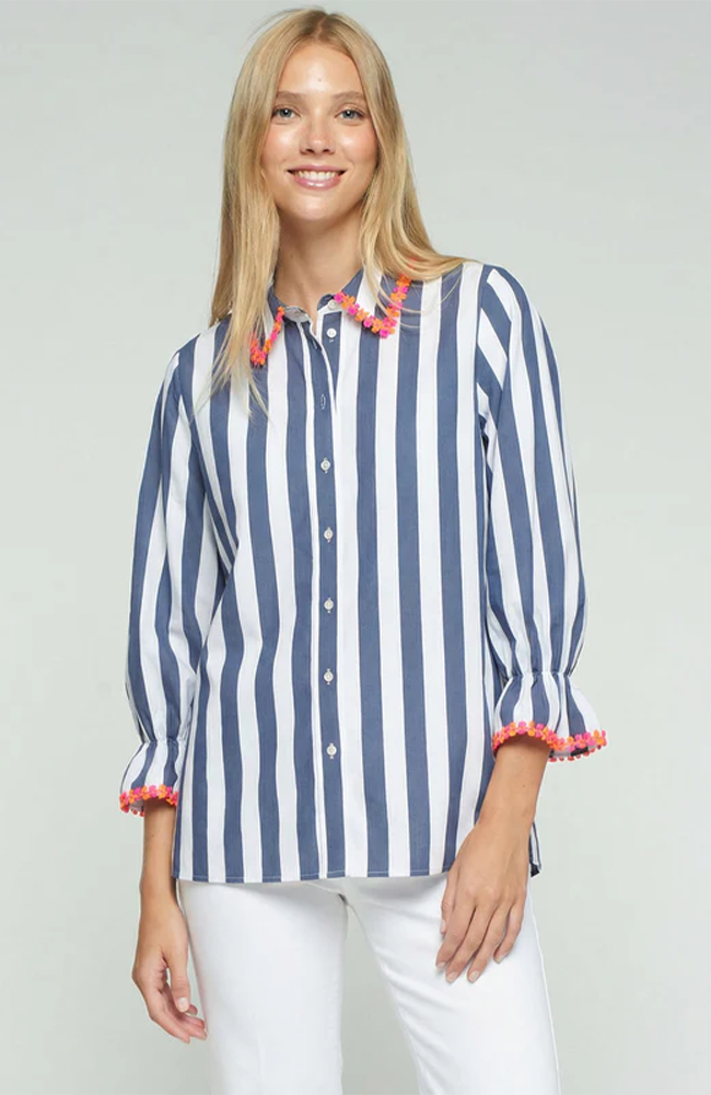 Puff Sleeve Shirt - Navy & White Stripe