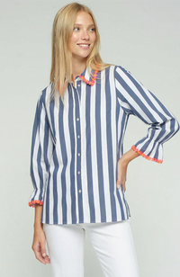 Puff Sleeve Shirt - Navy & White Stripe