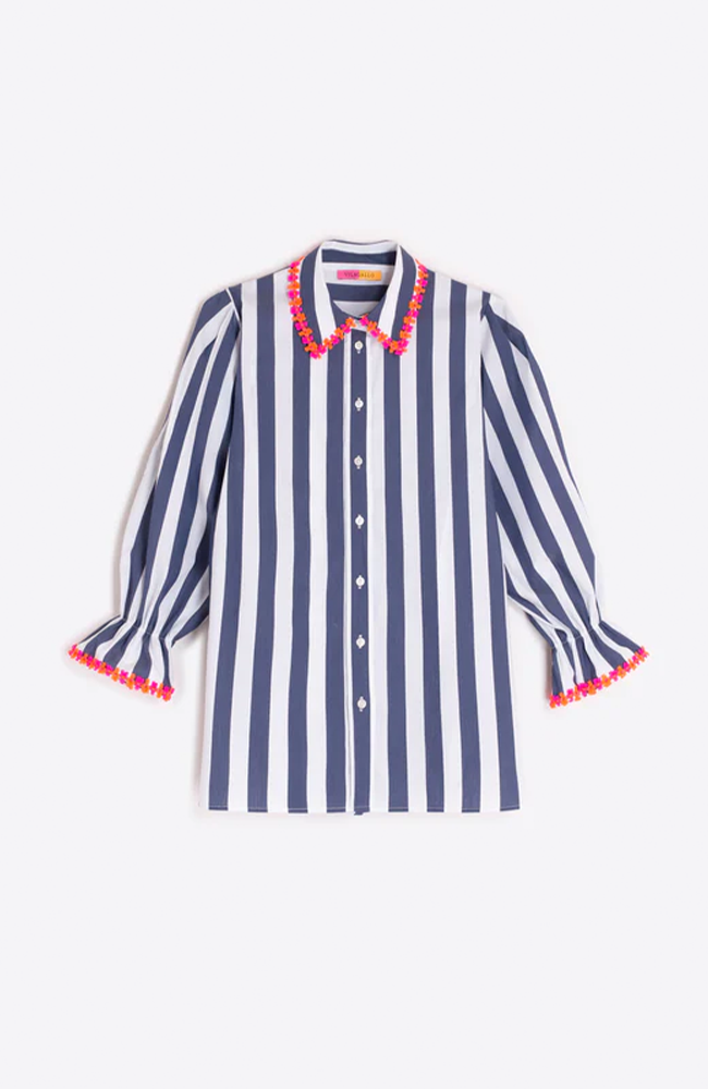 Puff Sleeve Shirt - Navy & White Stripe