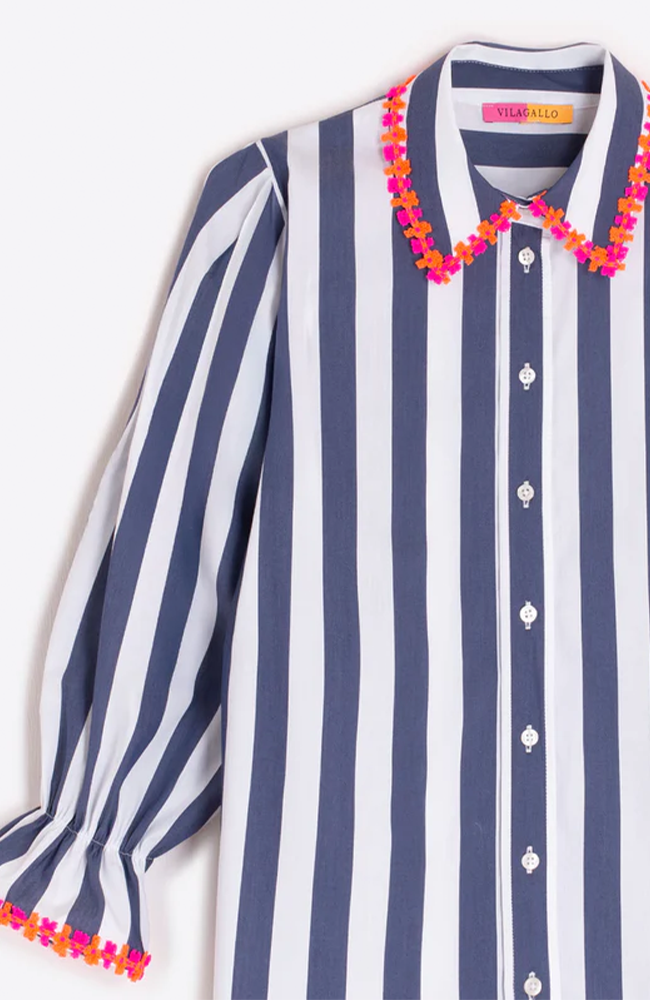Puff Sleeve Shirt - Navy & White Stripe