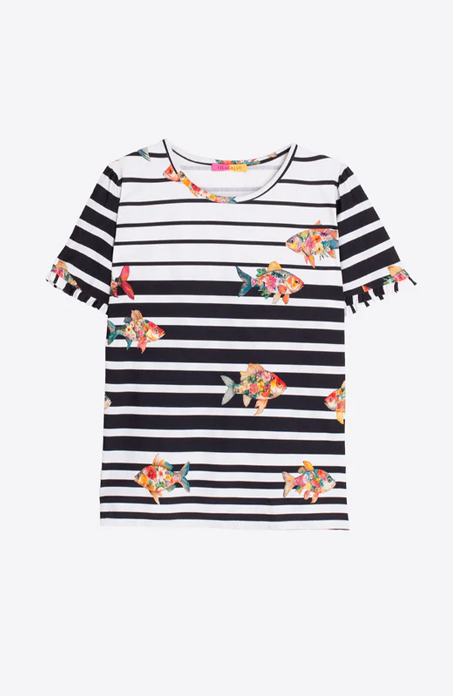 Amina T-Shirt - Black Stripe w/ Fish