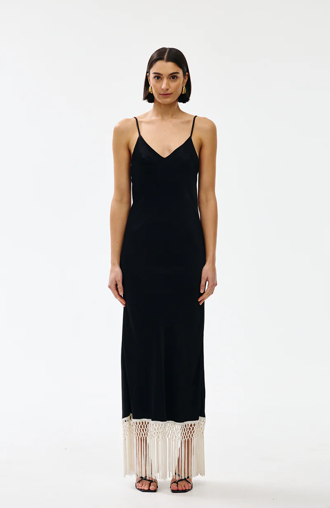 Dolly Dress - Black w Ivory Fringe