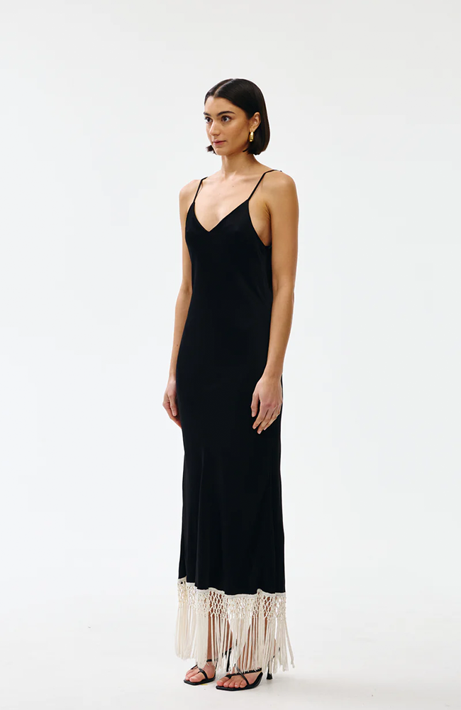 Dolly Dress - Black w Ivory Fringe