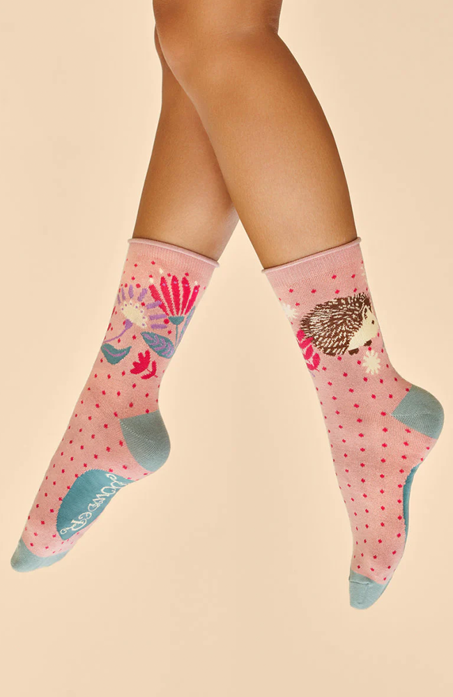 Hedgehog Hunting in Leaves Ankle Socks - Petal