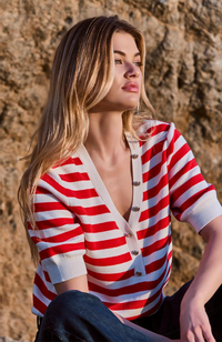 V Neck Pullover Stripes BTN - Red Striped