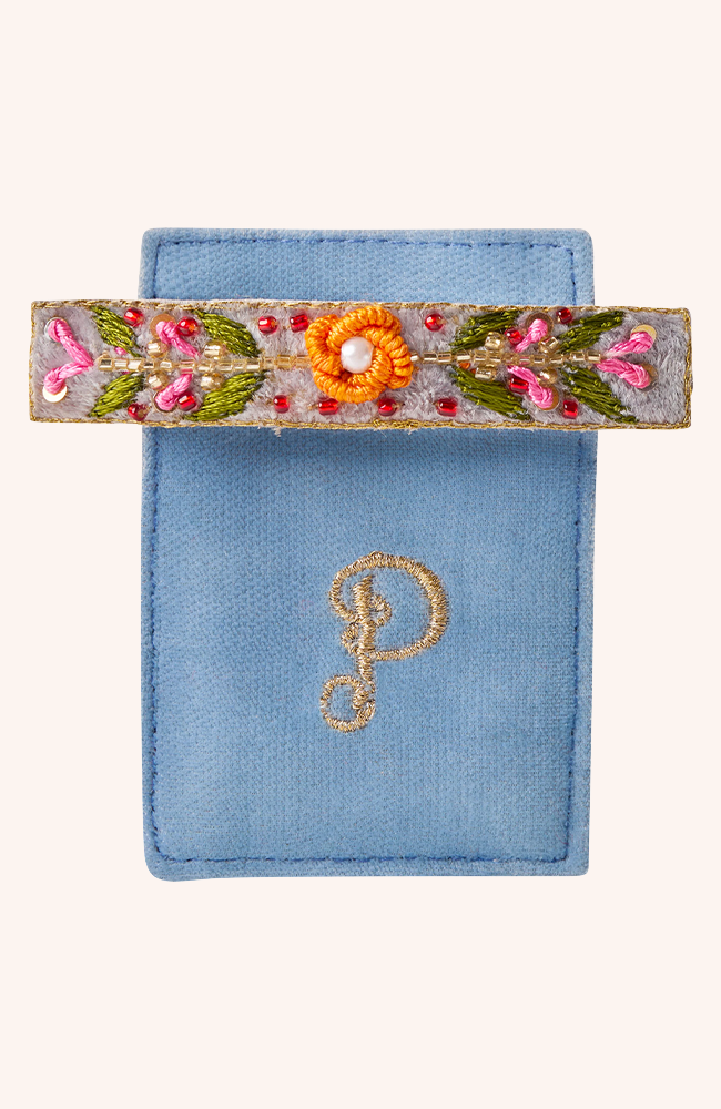 Embroidered Barette – Denim Floral Vines