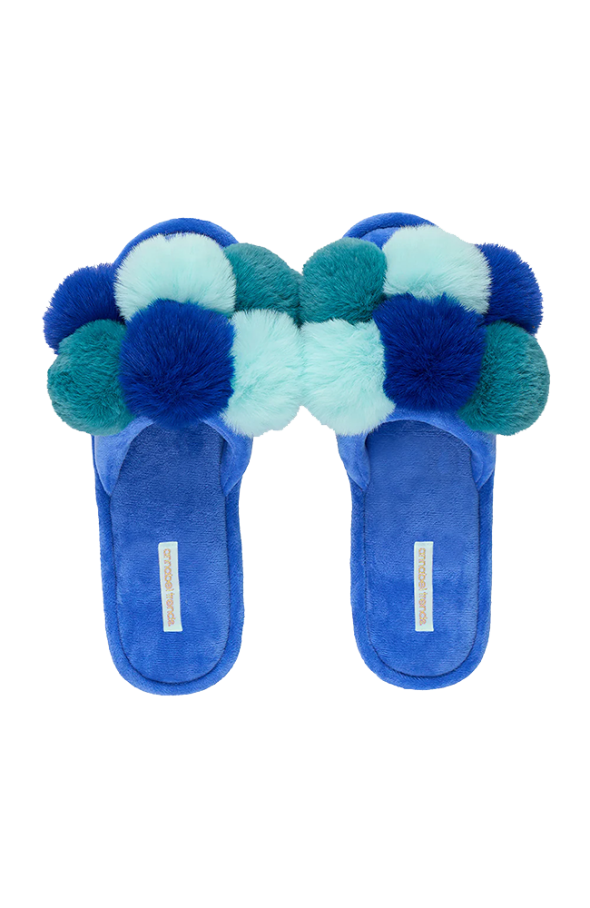 Luxe Pom Pom Slippers - Multi Blue
