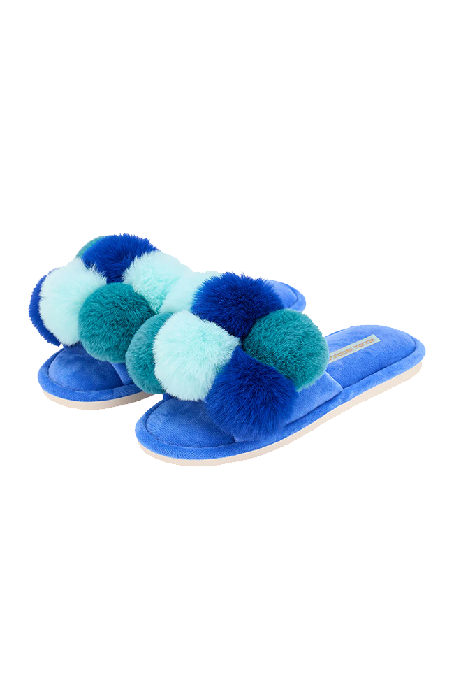 Luxe Pom Pom Slippers - Multi Blue