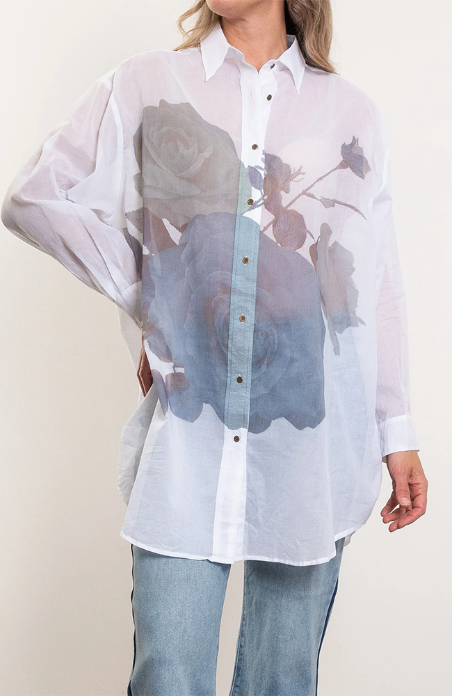 Cats Meow Shirt - Big Roses White