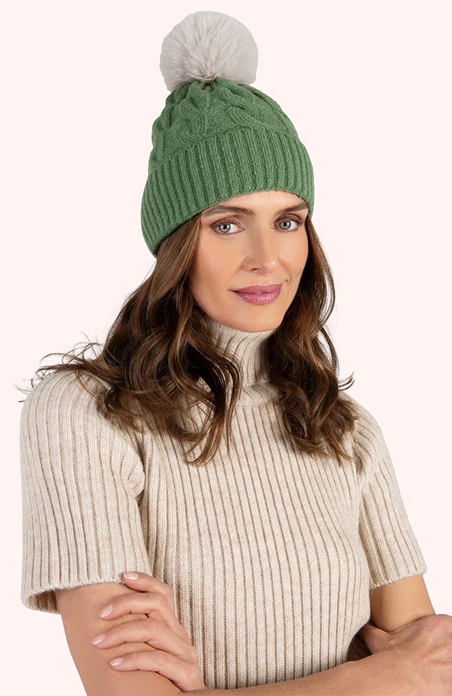 Elise Bobble Hat - Sage/Cream