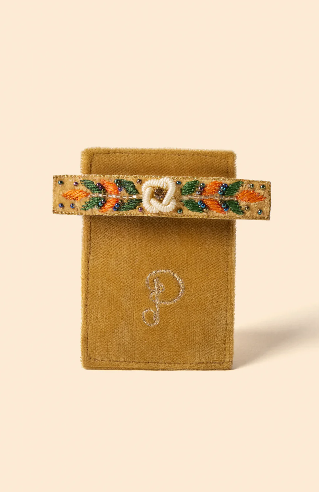 Embroidered Barette Hair Clips - Mustard Floral Vine