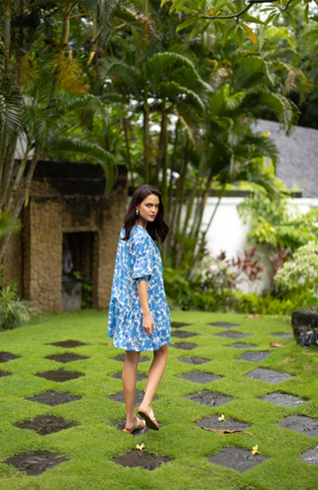 Fleur Smock Dress- Blue/Stone