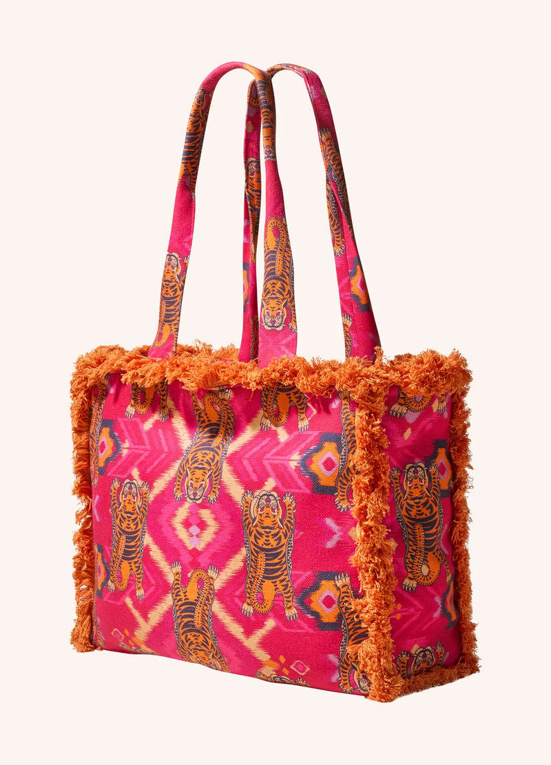 Fringed Box Tote - Ikat Tigers, Fuchsia