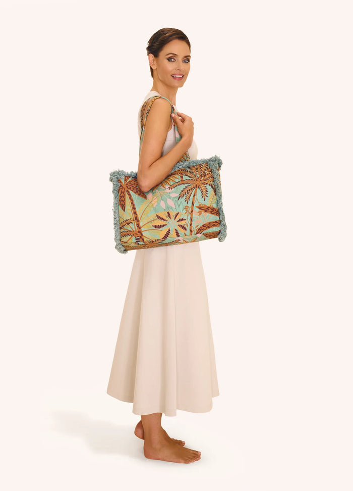 Fringed Box Tote - Patterned Palms