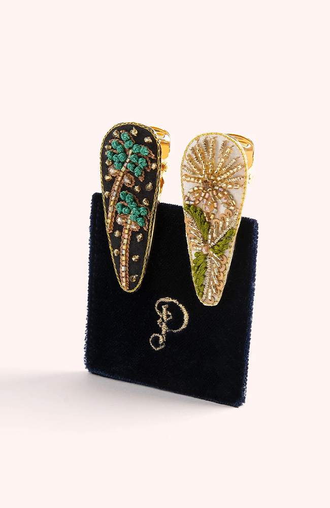 Hairclips - Midnight Trees & Champagne Flower
