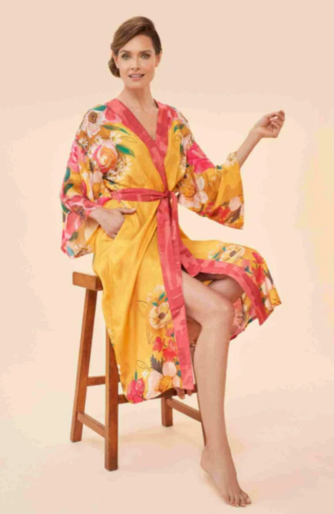 Kimono Gown - Impressionist Floral, Mustard