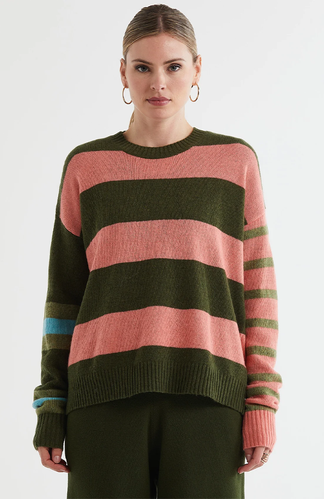 Lambswool Stripe Crew Neck Jumper - Olive